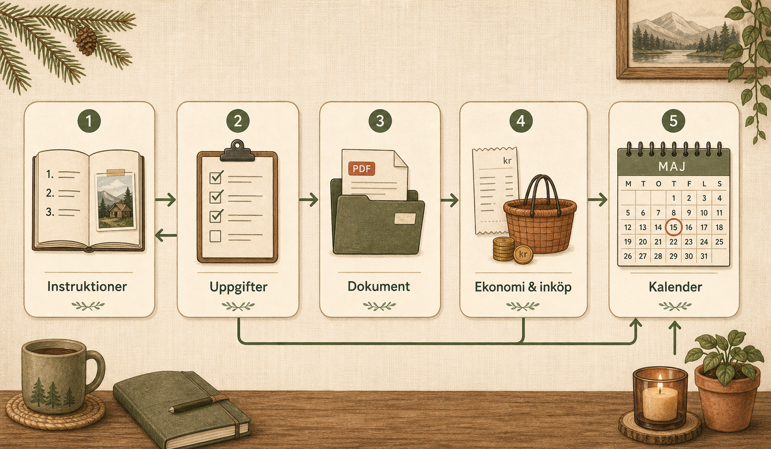 Diagram som visar flödet: instruktioner, uppgifter, dokument, ekonomi & inköp och kalender.